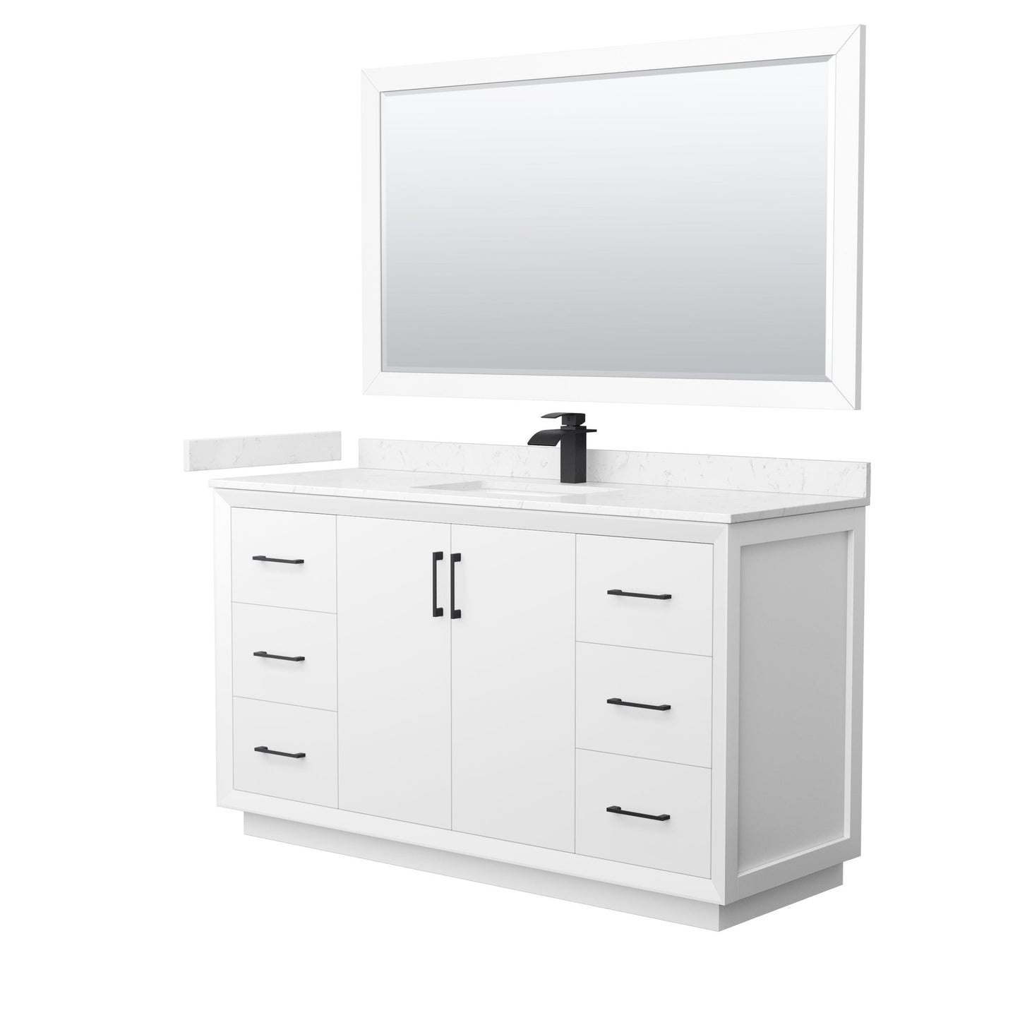 Wyndham Collection Strada 60" Single Bathroom Vanity in White, Carrara Cultured Marble Countertop, Undermount Square Sink, Matte Black Trim, 58" Mirror