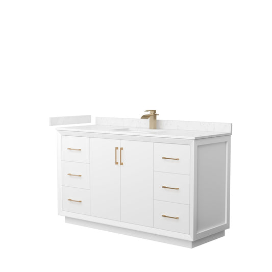 Wyndham Collection Strada 60" Single Bathroom Vanity in White, Carrara Cultured Marble Countertop, Undermount Square Sink, Satin Bronze Trim