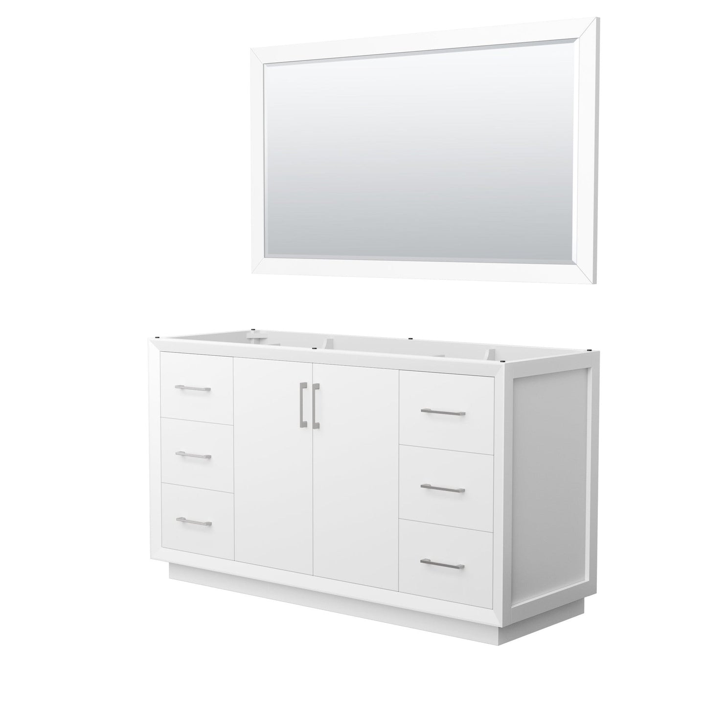 Wyndham Collection Strada 60" Single Bathroom Vanity in White, No Countertop, No Sink, Brushed Nickel Trim, 58" Mirror