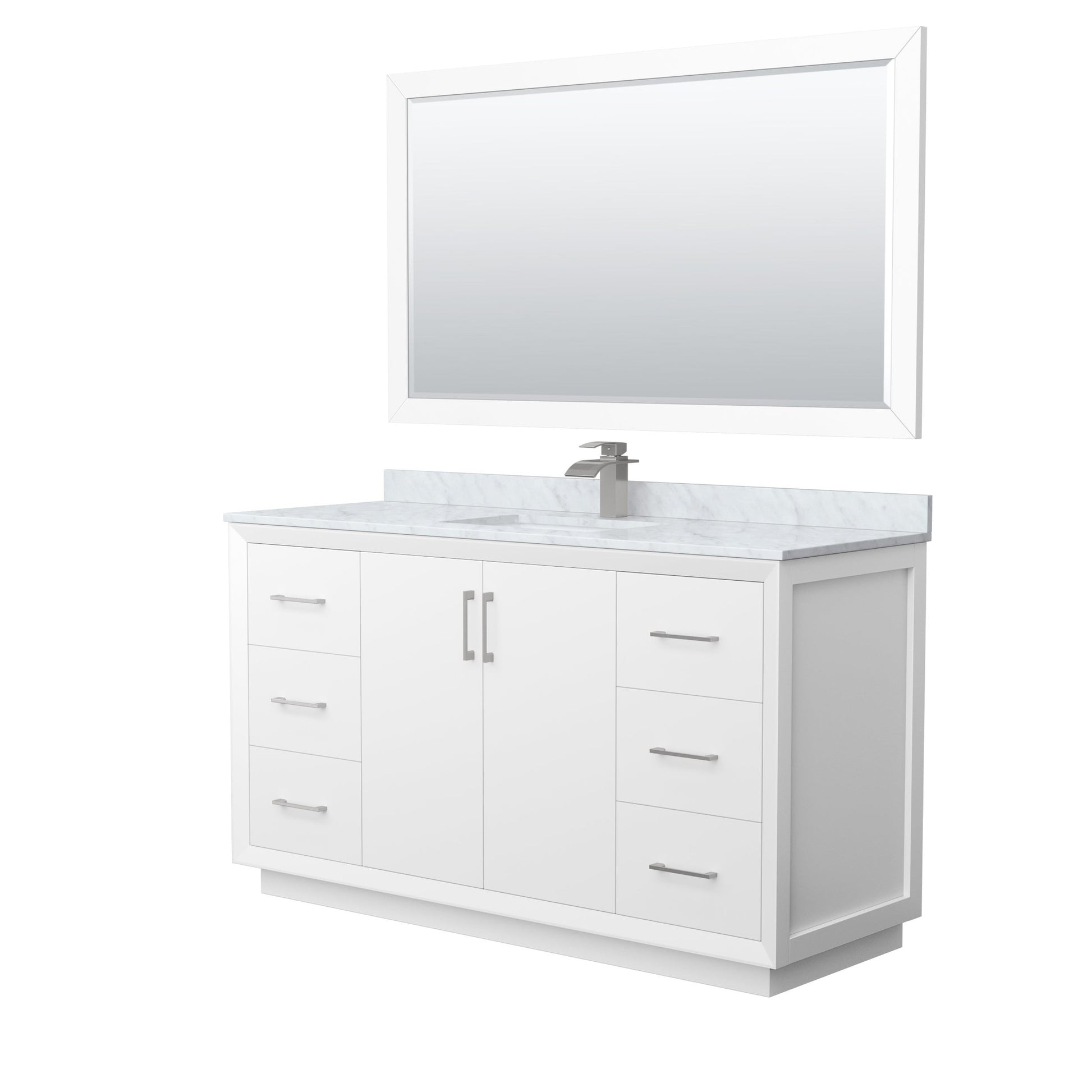 Wyndham Collection Strada 60" Single Bathroom Vanity in White, White Carrara Marble Countertop, Undermount Square Sink, Brushed Nickel Trim, 58" Mirror