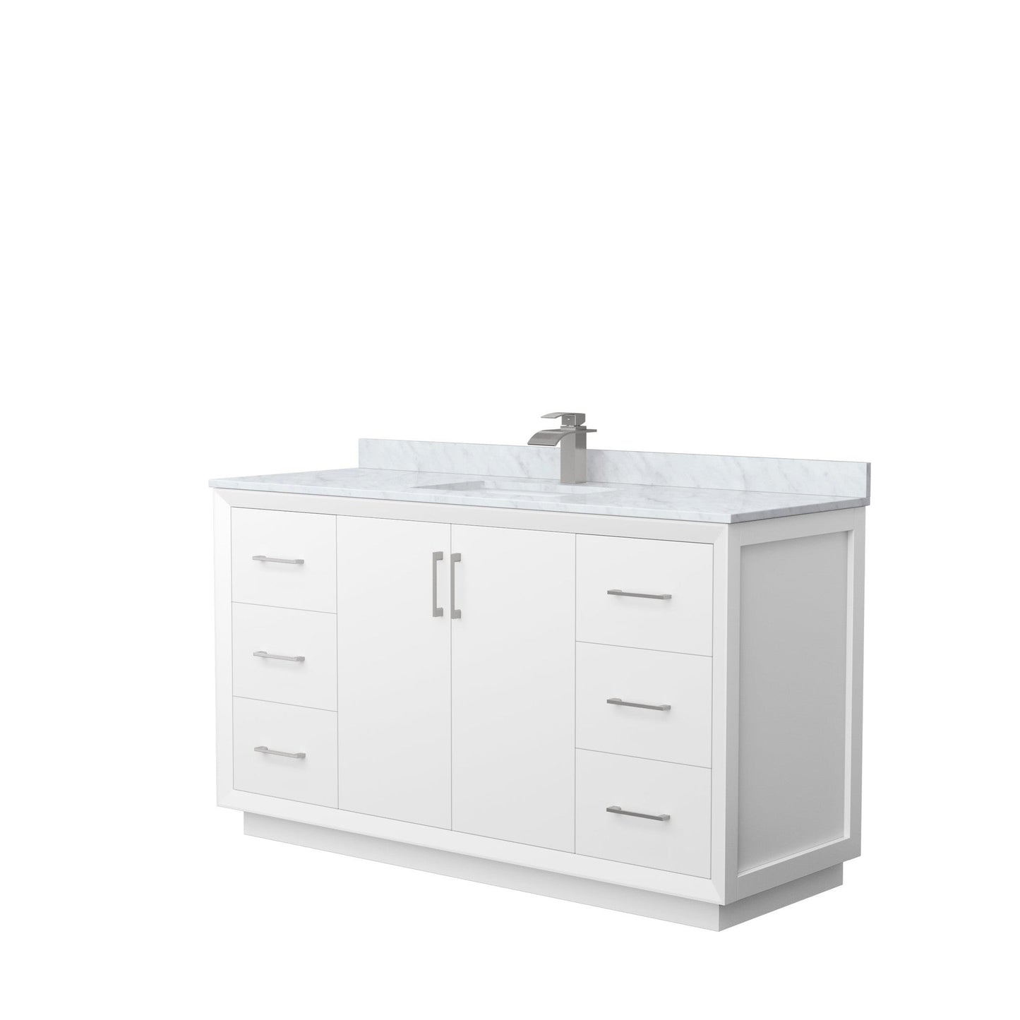 Wyndham Collection Strada 60" Single Bathroom Vanity in White, White Carrara Marble Countertop, Undermount Square Sink, Brushed Nickel Trim