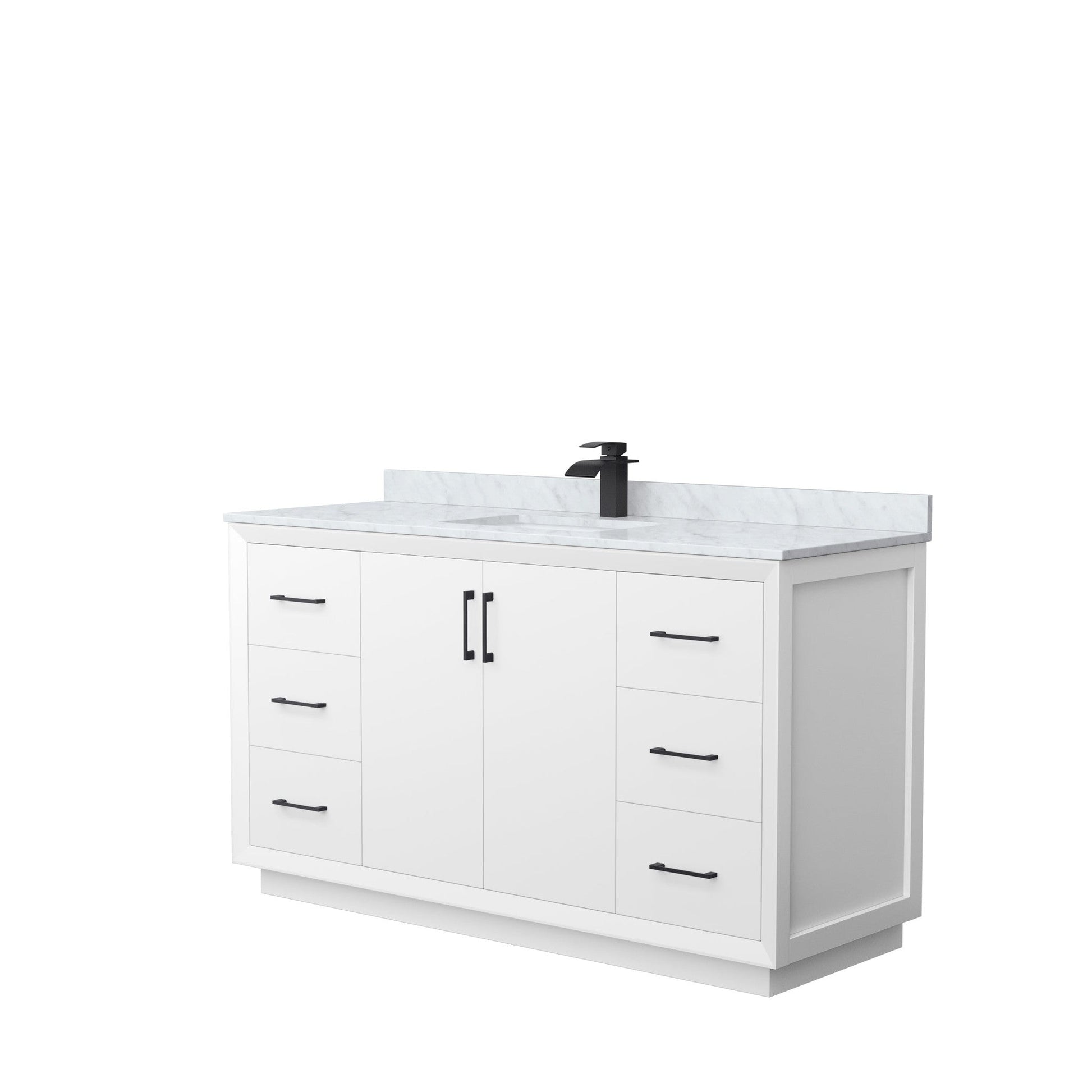 Wyndham Collection Strada 60" Single Bathroom Vanity in White, White Carrara Marble Countertop, Undermount Square Sink, Matte Black Trim