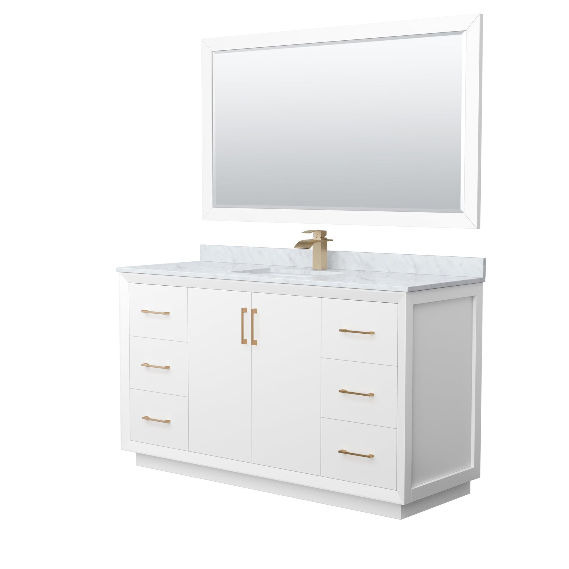 Wyndham Collection Strada 60" Single Bathroom Vanity in White, White Carrara Marble Countertop, Undermount Square Sink, Satin Bronze Trim, 58" Mirror