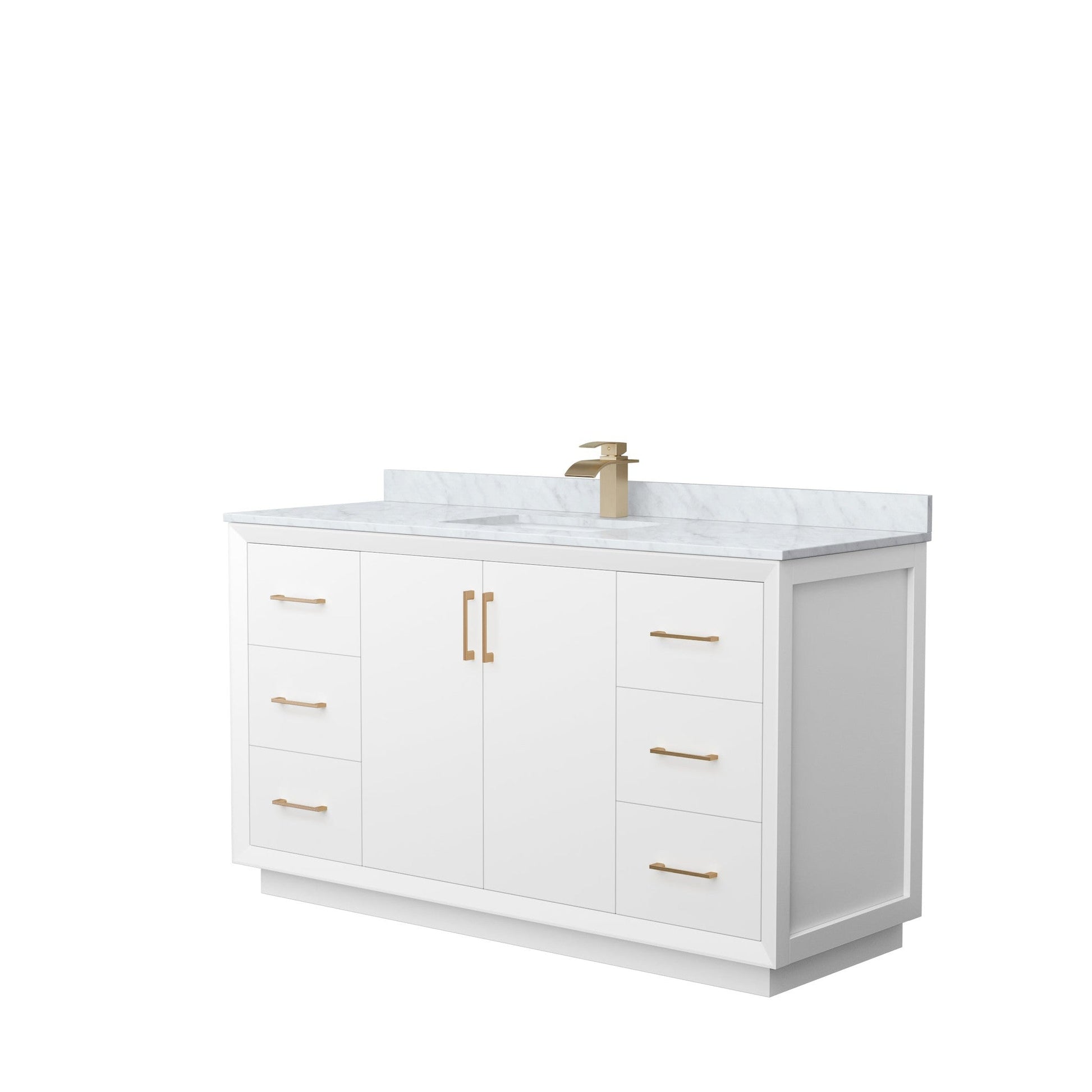 Wyndham Collection Strada 60" Single Bathroom Vanity in White, White Carrara Marble Countertop, Undermount Square Sink, Satin Bronze Trim