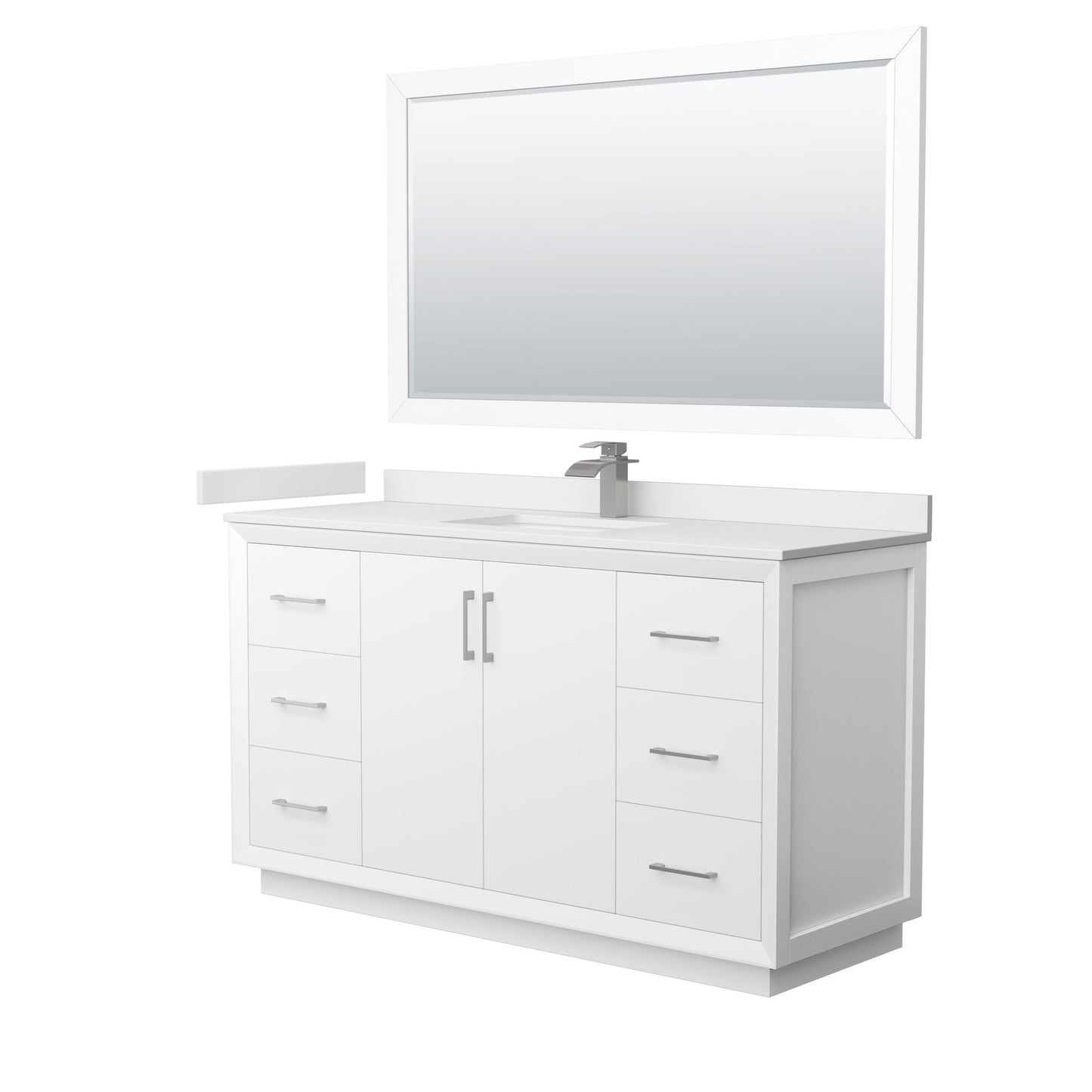 Wyndham Collection Strada 60" Single Bathroom Vanity in White, White Cultured Marble Countertop, Undermount Square Sink, Brushed Nickel Trim, 58" Mirror