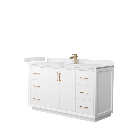 Wyndham Collection Strada 60" Single Bathroom Vanity in White, White Cultured Marble Countertop, Undermount Square Sink, Satin Bronze Trim