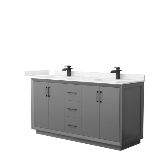 Wyndham Collection Strada 66" Double Bathroom Vanity in Dark Gray, Carrara Cultured Marble Countertop, Undermount Square Sink, Matte Black Trim