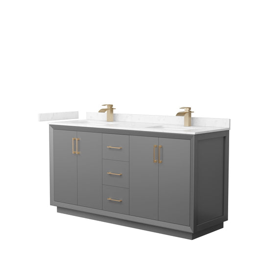 Wyndham Collection Strada 66" Double Bathroom Vanity in Dark Gray, Carrara Cultured Marble Countertop, Undermount Square Sink, Satin Bronze Trim