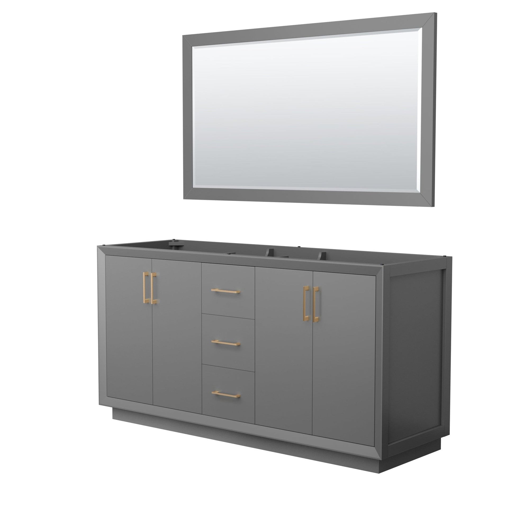 Wyndham Collection Strada 66" Double Bathroom Vanity in Dark Gray, No Countertop, No Sink, Satin Bronze Trim, 58" Mirror