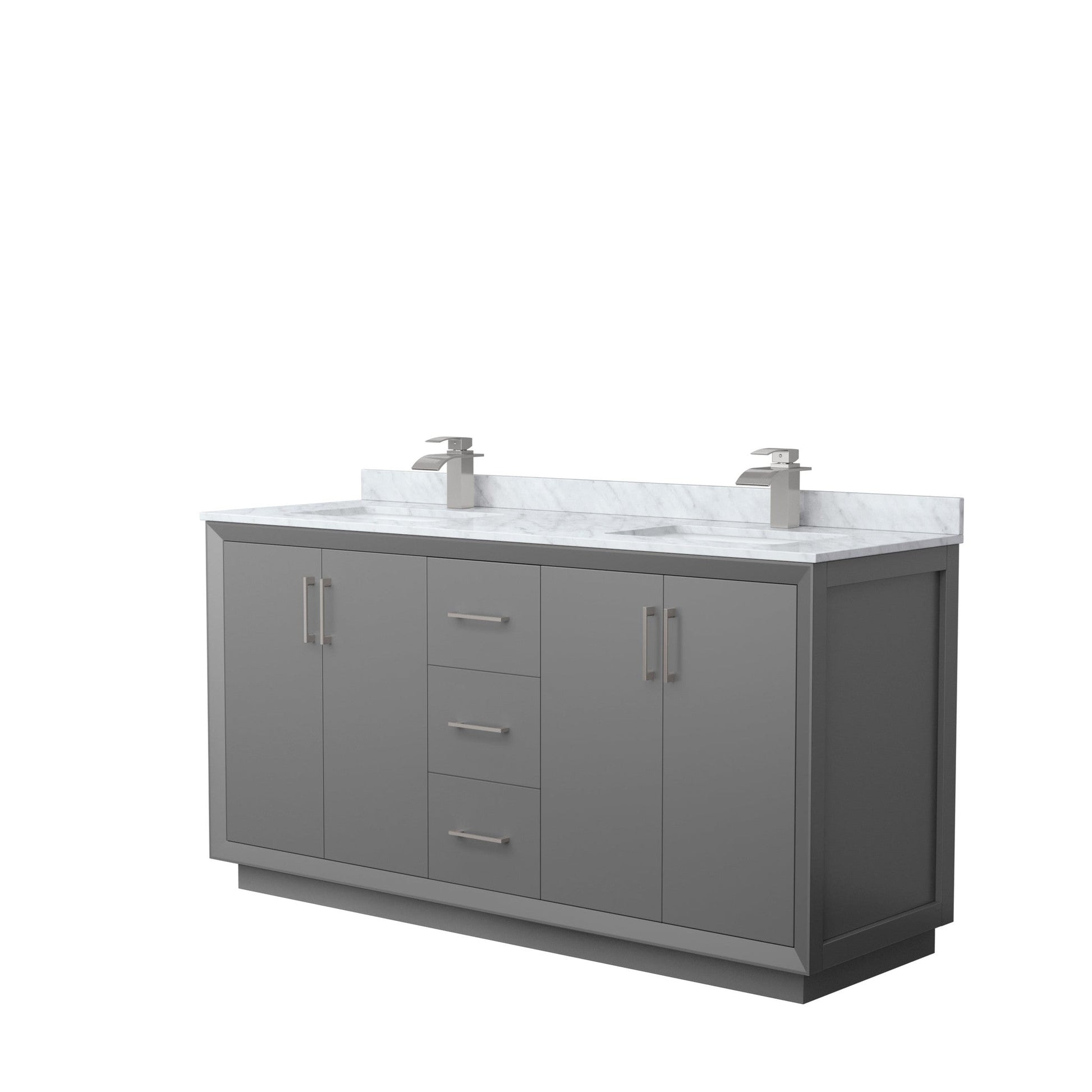 Wyndham Collection Strada 66" Double Bathroom Vanity in Dark Gray, White Carrara Marble Countertop, Undermount Square Sink, Brushed Nickel Trim