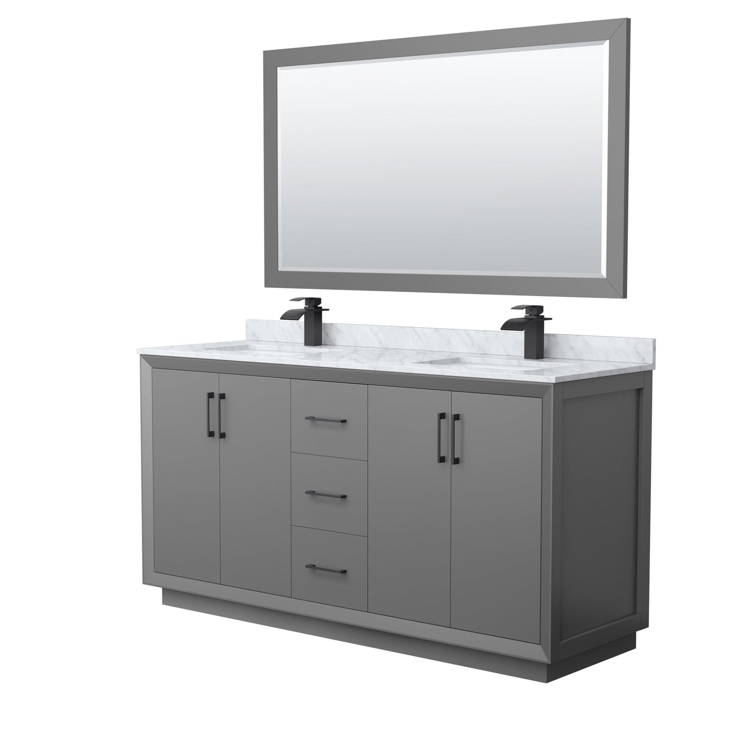 Wyndham Collection Strada 66" Double Bathroom Vanity in Dark Gray, White Carrara Marble Countertop, Undermount Square Sink, Matte Black Trim, 58" Mirror