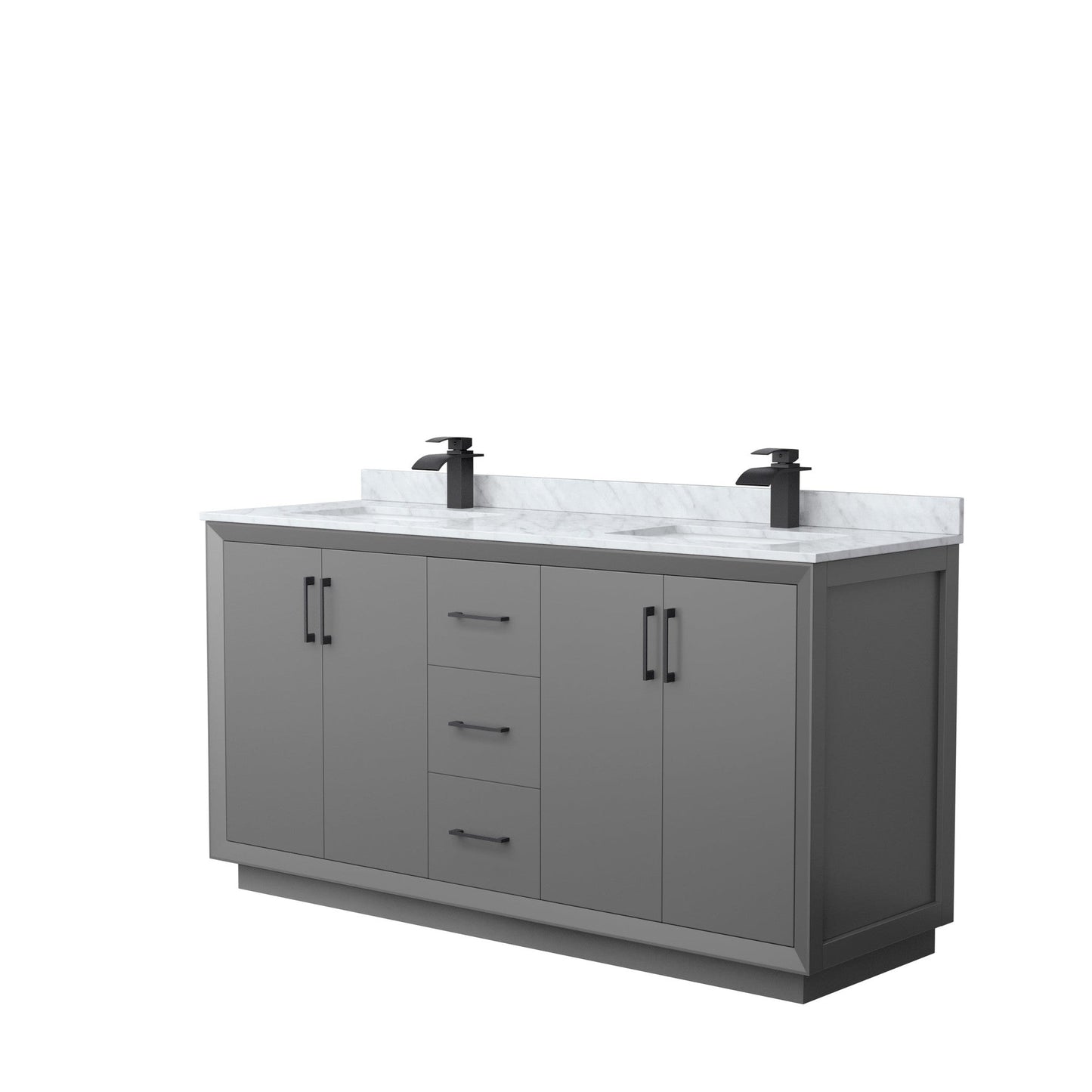 Wyndham Collection Strada 66" Double Bathroom Vanity in Dark Gray, White Carrara Marble Countertop, Undermount Square Sink, Matte Black Trim