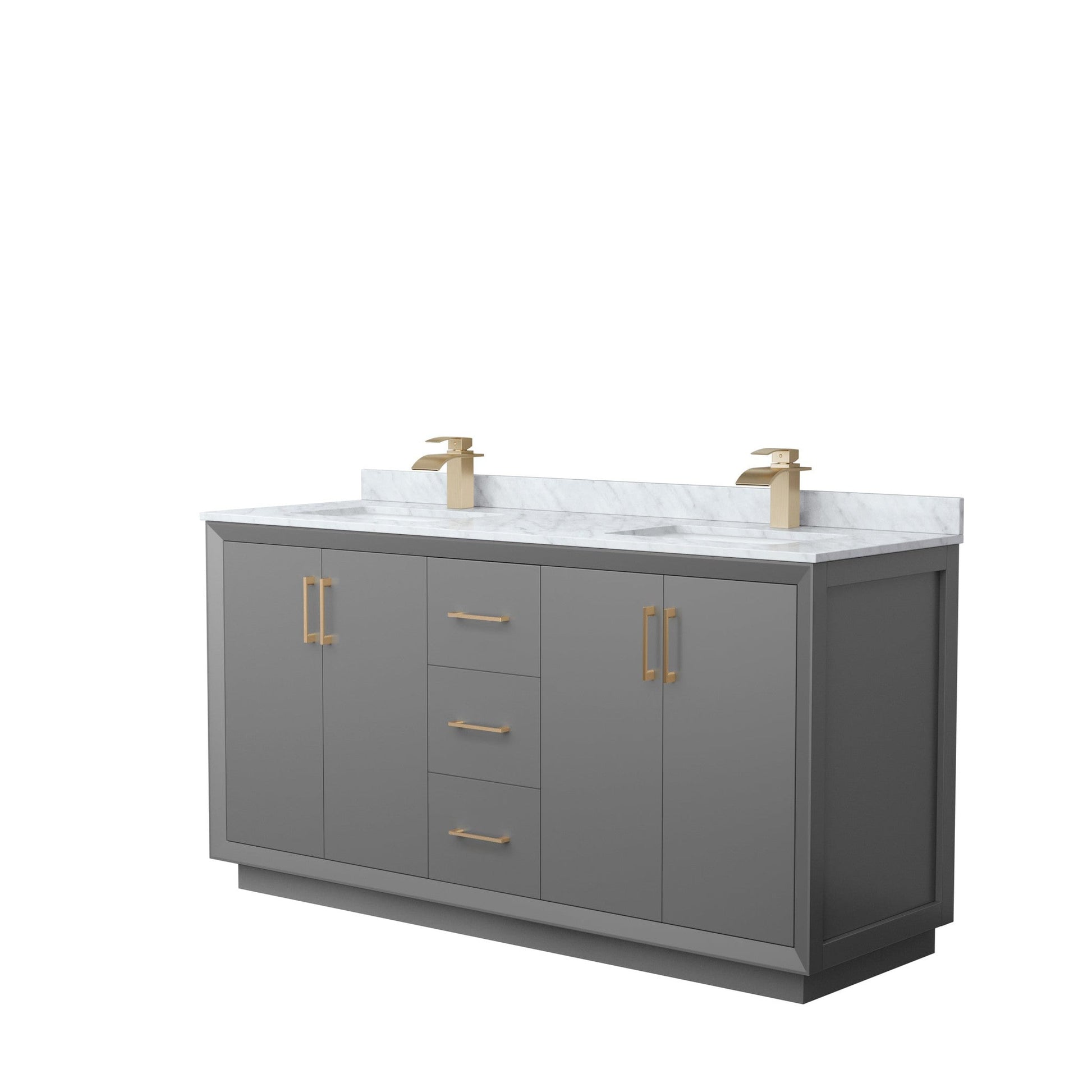 Wyndham Collection Strada 66" Double Bathroom Vanity in Dark Gray, White Carrara Marble Countertop, Undermount Square Sink, Satin Bronze Trim