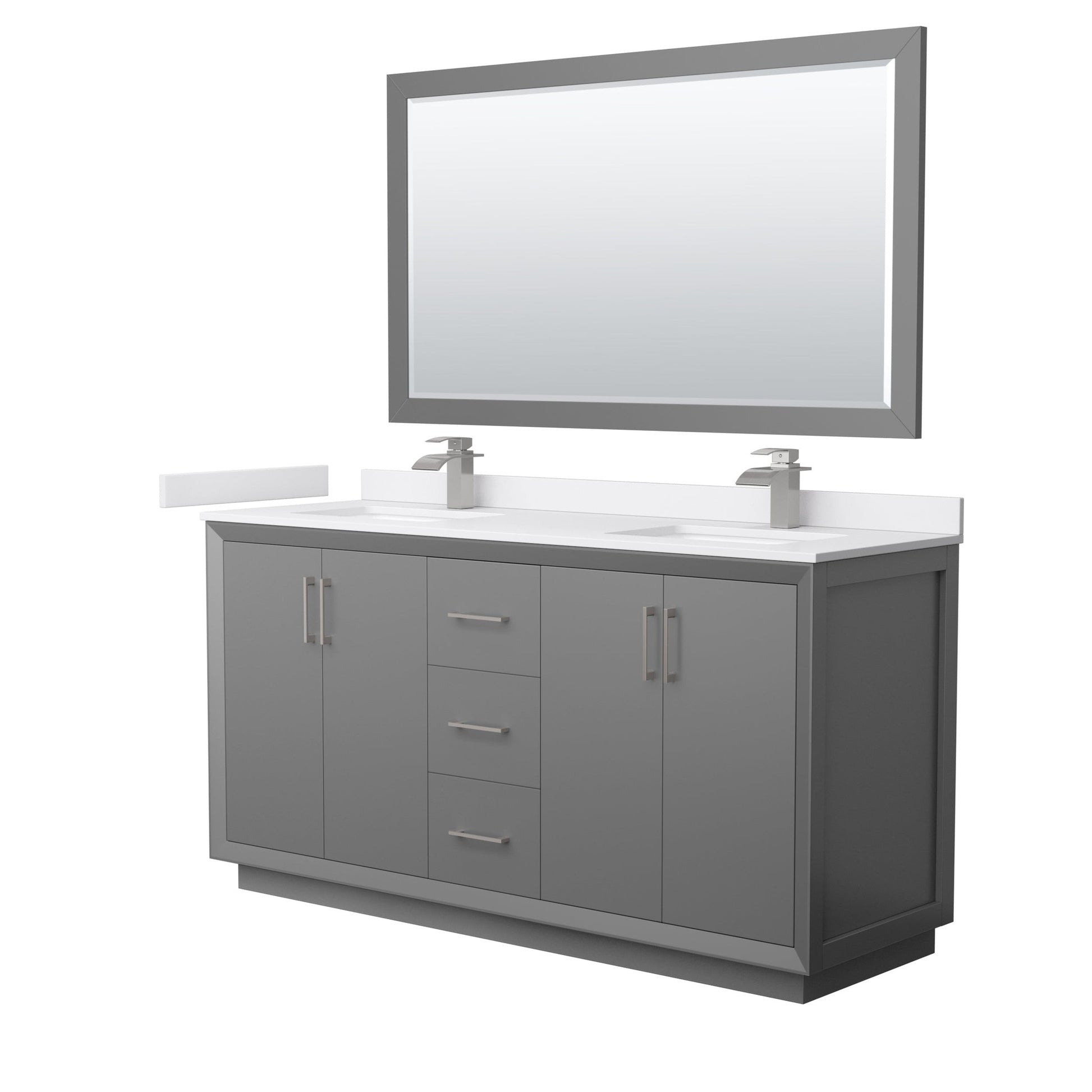 Wyndham Collection Strada 66" Double Bathroom Vanity in Dark Gray, White Cultured Marble Countertop, Undermount Square Sink, Brushed Nickel Trim, 58" Mirror