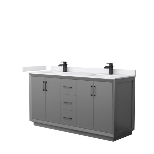 Wyndham Collection Strada 66" Double Bathroom Vanity in Dark Gray, White Cultured Marble Countertop, Undermount Square Sink, Matte Black Trim