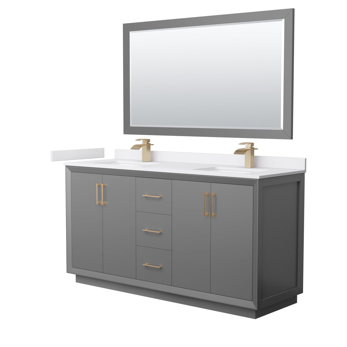 Wyndham Collection Strada 66" Double Bathroom Vanity in Dark Gray, White Cultured Marble Countertop, Undermount Square Sink, Satin Bronze Trim, 58" Mirror