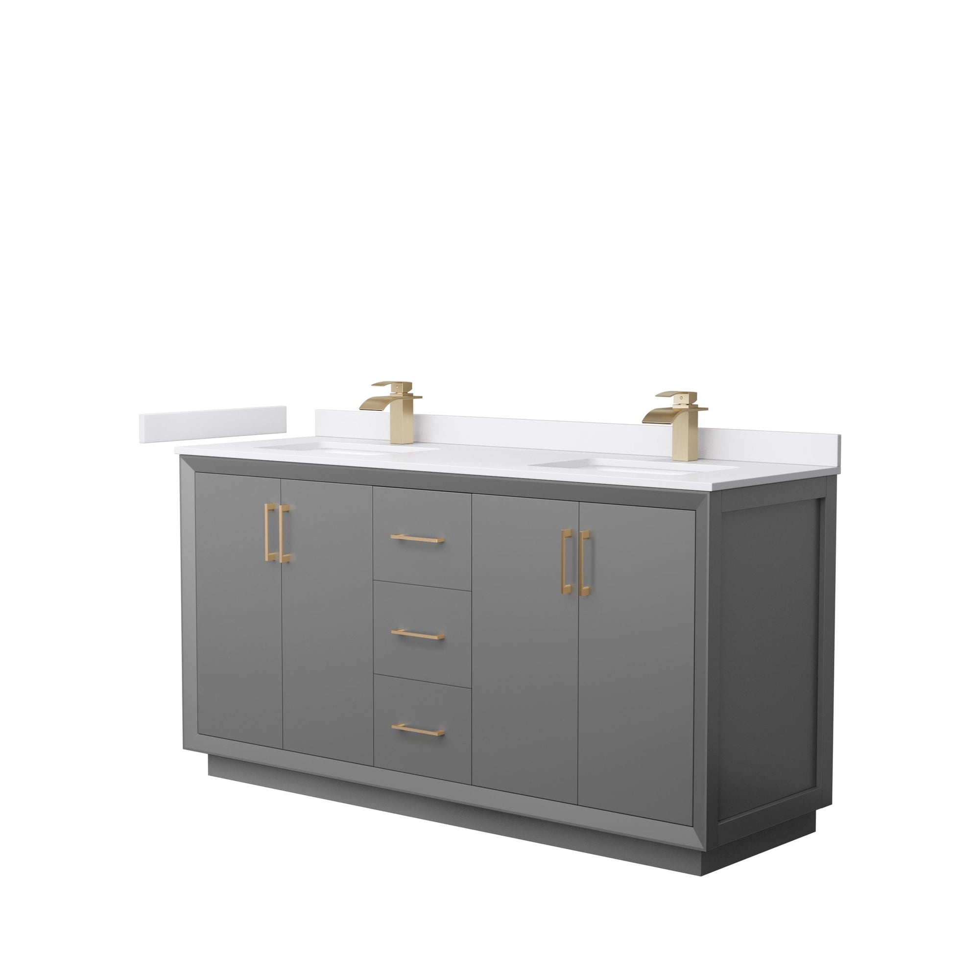 Wyndham Collection Strada 66" Double Bathroom Vanity in Dark Gray, White Cultured Marble Countertop, Undermount Square Sink, Satin Bronze Trim