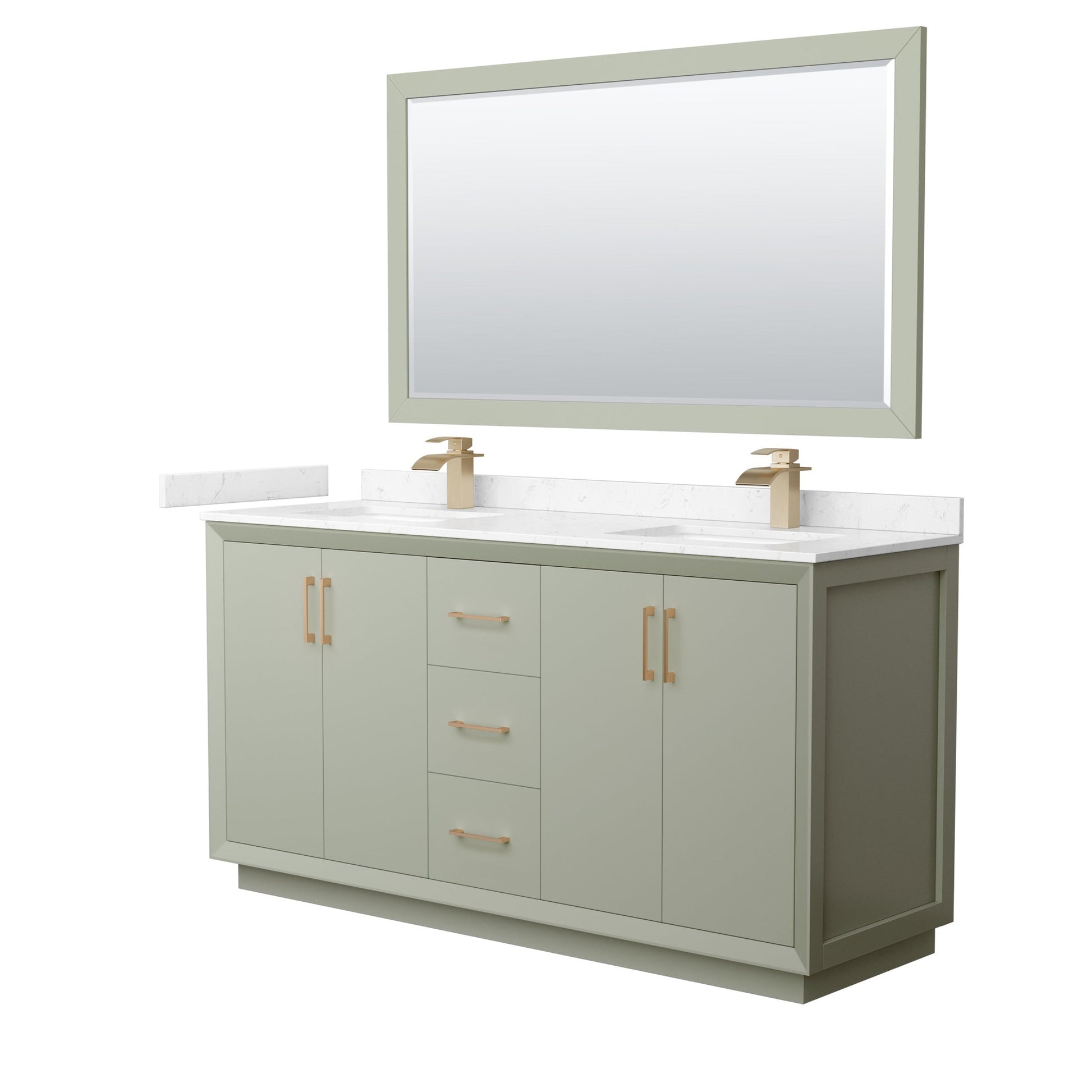 Wyndham Collection Strada 66" Double Bathroom Vanity in Light Green, Carrara Cultured Marble Countertop, Undermount Square Sinks, Satin Bronze Trim, 58" Mirror