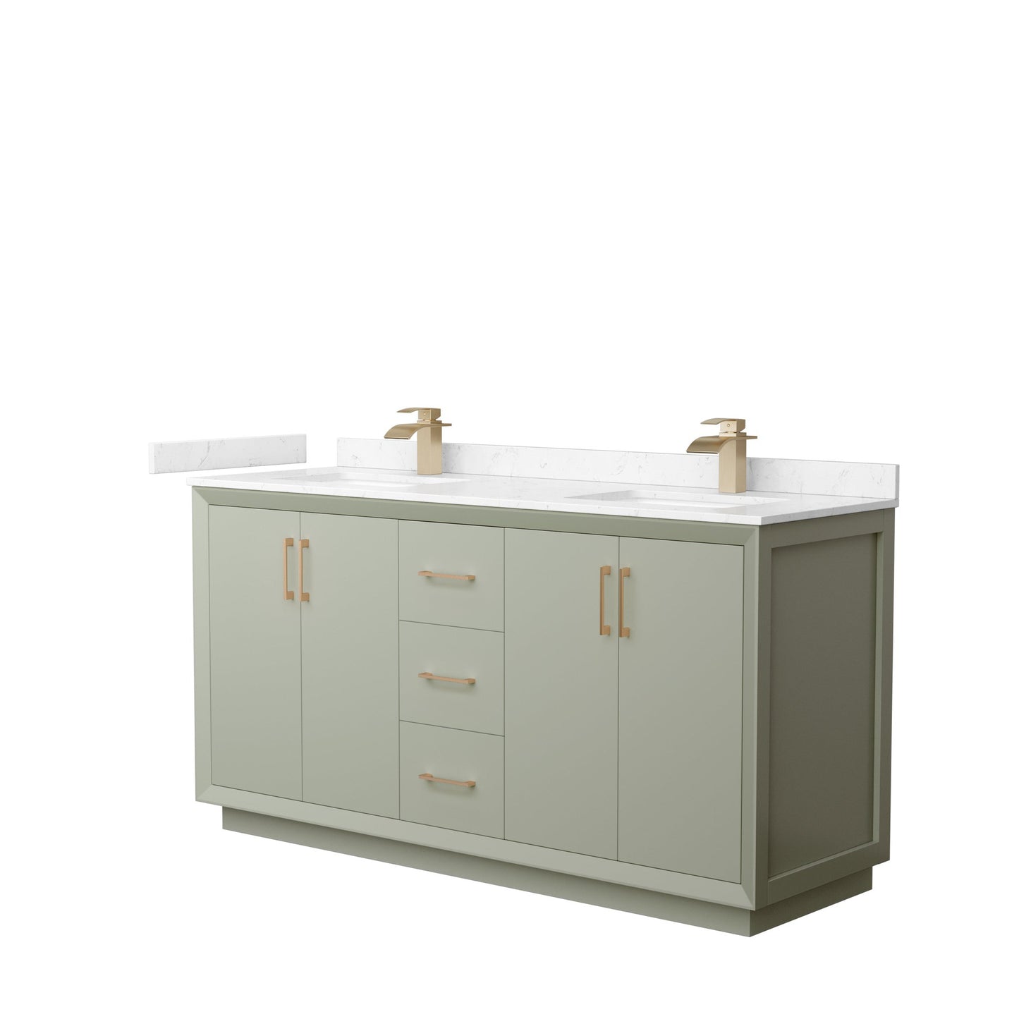 Wyndham Collection Strada 66" Double Bathroom Vanity in Light Green, Carrara Cultured Marble Countertop, Undermount Square Sinks, Satin Bronze Trim
