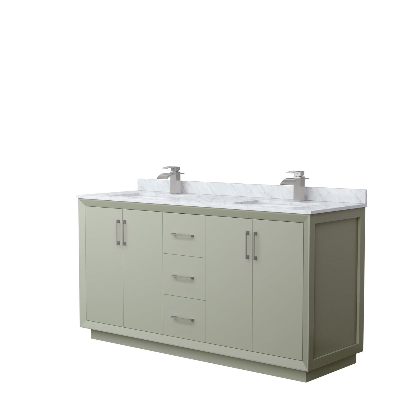 Wyndham Collection Strada 66" Double Bathroom Vanity in Light Green, White Carrara Marble Countertop, Undermount Square Sinks, Brushed Nickel Trim