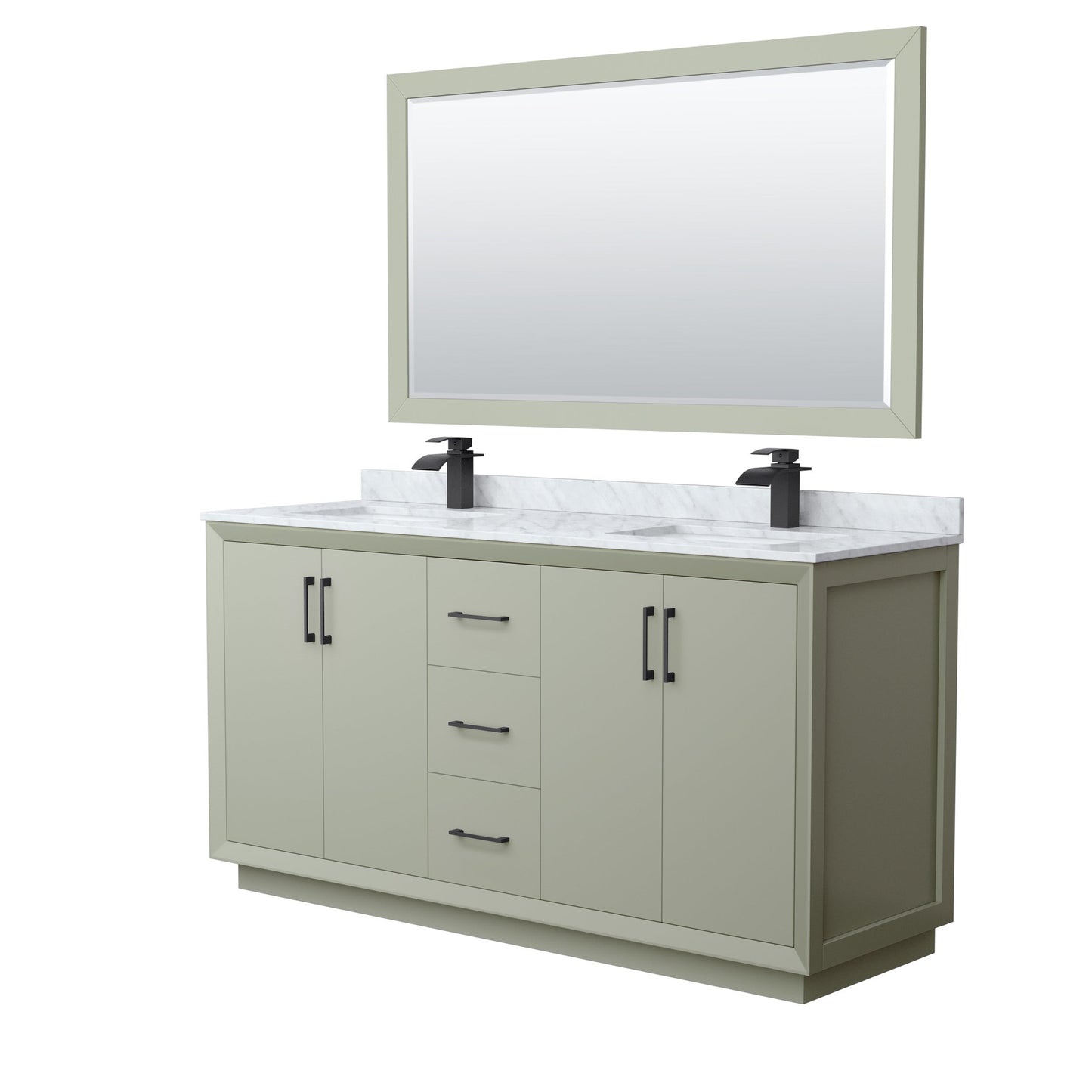 Wyndham Collection Strada 66" Double Bathroom Vanity in Light Green, White Carrara Marble Countertop, Undermount Square Sinks, Matte Black Trim, 58" Mirror