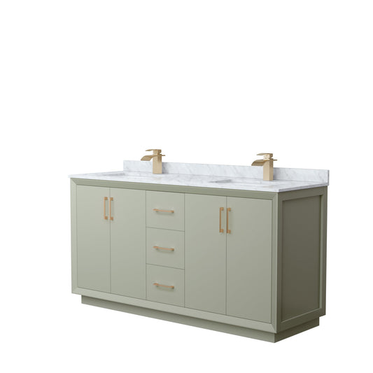 Wyndham Collection Strada 66" Double Bathroom Vanity in Light Green, White Carrara Marble Countertop, Undermount Square Sinks, Satin Bronze Trim