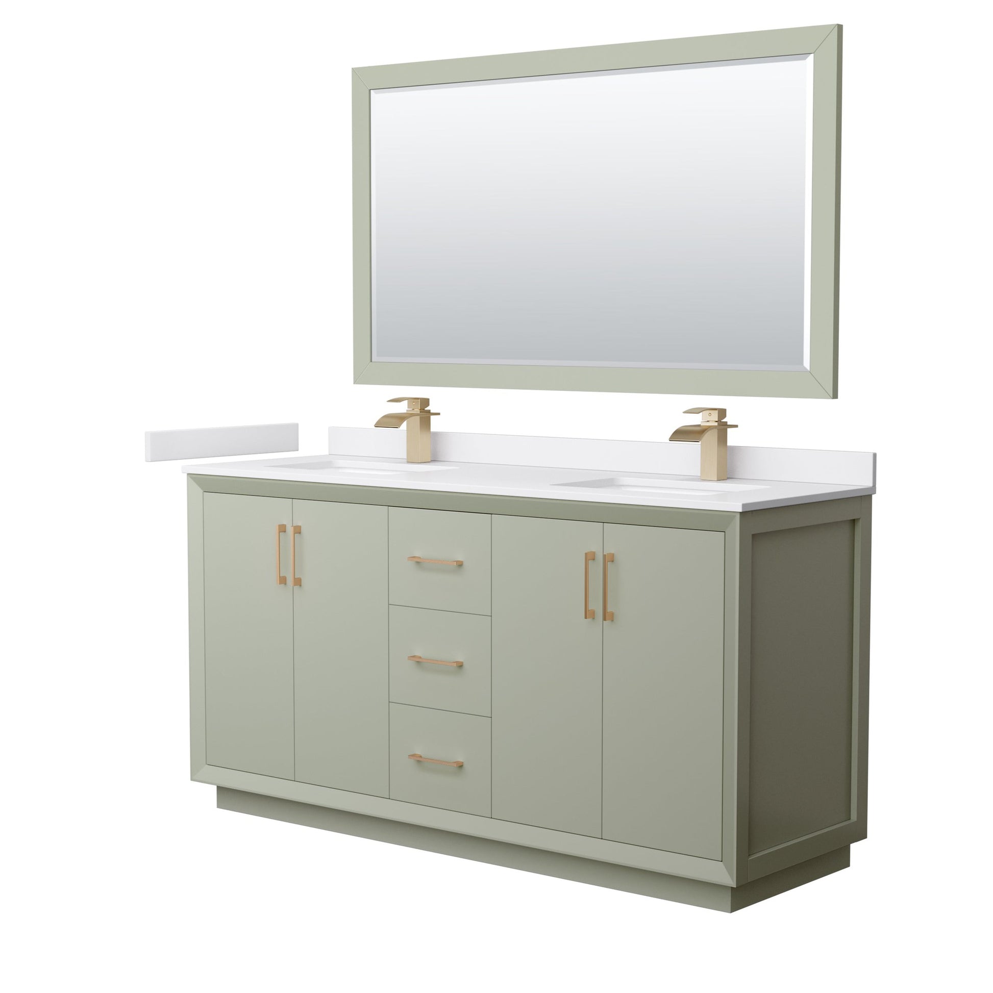 Wyndham Collection Strada 66" Double Bathroom Vanity in Light Green, White Cultured Marble Countertop, Undermount Square Sinks, Satin Bronze Trim, 58" Mirror