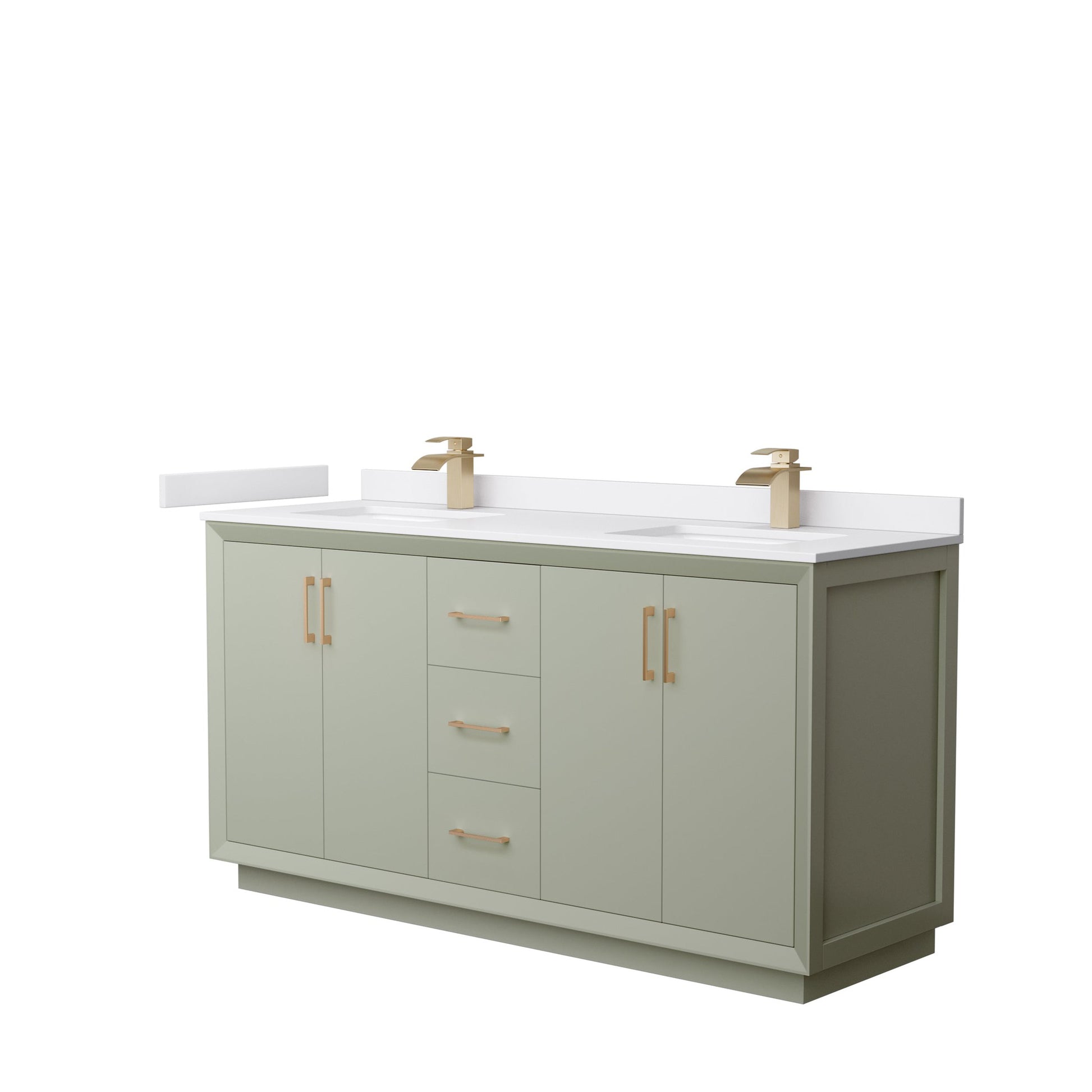 Wyndham Collection Strada 66" Double Bathroom Vanity in Light Green, White Cultured Marble Countertop, Undermount Square Sinks, Satin Bronze Trim