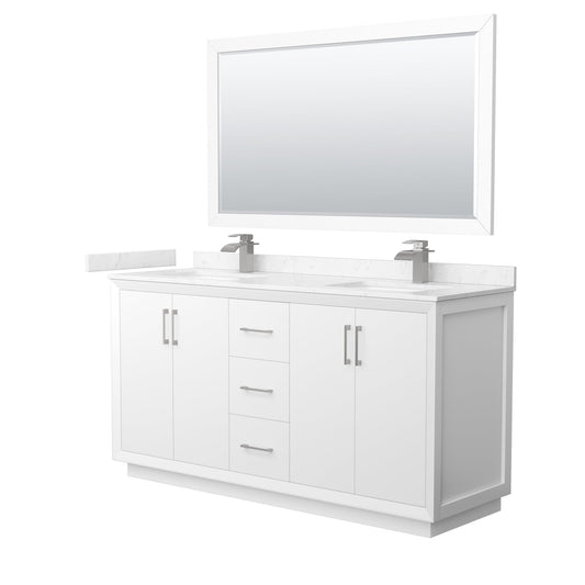 Wyndham Collection Strada 66" Double Bathroom Vanity in White, Carrara Cultured Marble Countertop, Undermount Square Sink, Brushed Nickel Trim, 58" Mirror