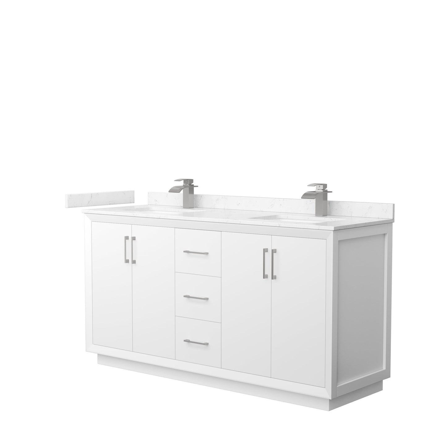 Wyndham Collection Strada 66" Double Bathroom Vanity in White, Carrara Cultured Marble Countertop, Undermount Square Sink, Brushed Nickel Trim