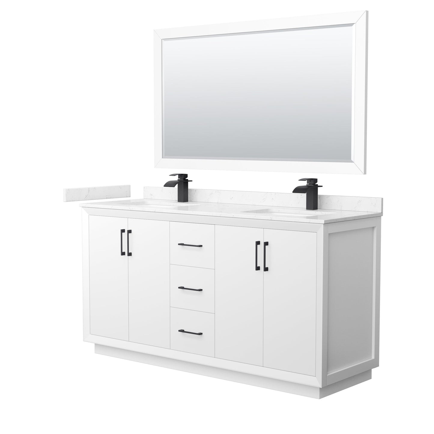 Wyndham Collection Strada 66" Double Bathroom Vanity in White, Carrara Cultured Marble Countertop, Undermount Square Sink, Matte Black Trim, 58" Mirror