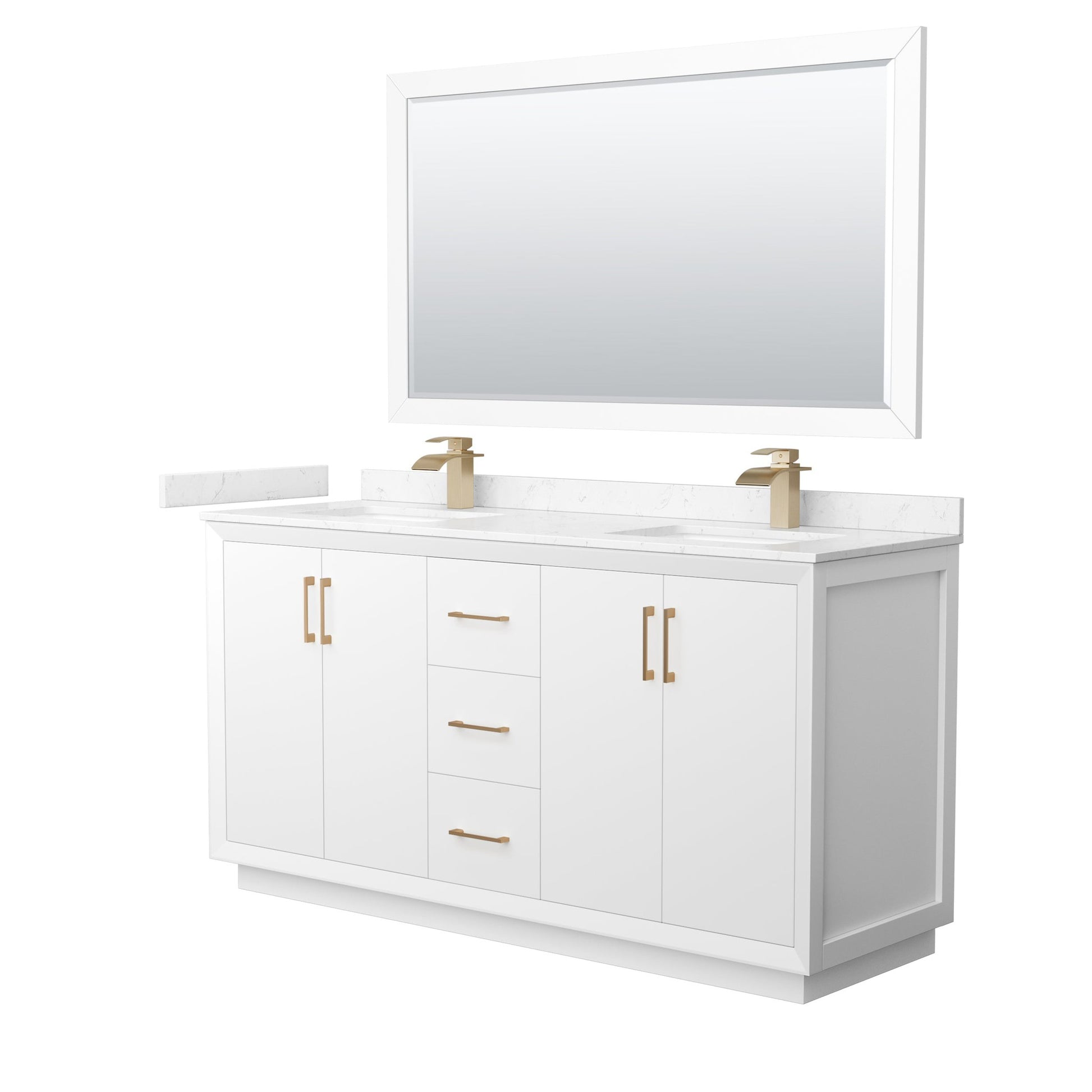 Wyndham Collection Strada 66" Double Bathroom Vanity in White, Carrara Cultured Marble Countertop, Undermount Square Sink, Satin Bronze Trim, 58" Mirror