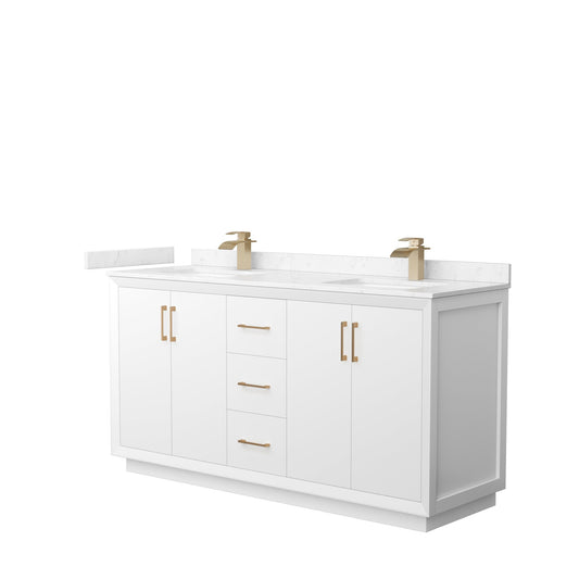 Wyndham Collection Strada 66" Double Bathroom Vanity in White, Carrara Cultured Marble Countertop, Undermount Square Sink, Satin Bronze Trim