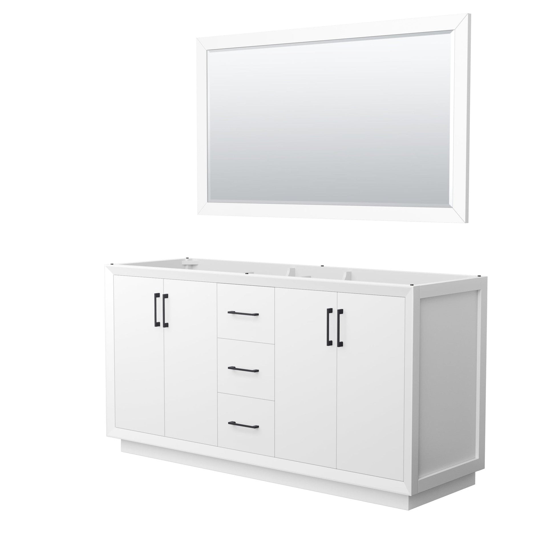 Wyndham Collection Strada 66" Double Bathroom Vanity in White, No Countertop, No Sink, Matte Black Trim, 58" Mirror