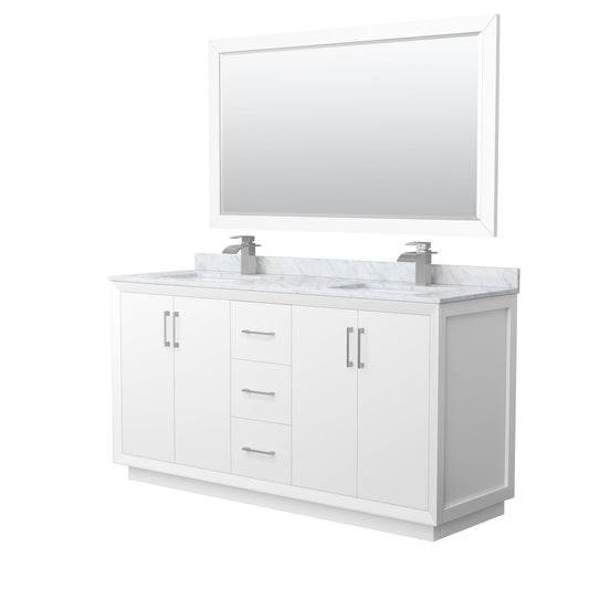 Wyndham Collection Strada 66" Double Bathroom Vanity in White, White Carrara Marble Countertop, Undermount Square Sink, Brushed Nickel Trim, 58" Mirror