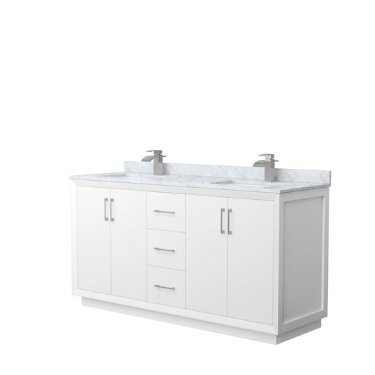 Wyndham Collection Strada 66" Double Bathroom Vanity in White, White Carrara Marble Countertop, Undermount Square Sink, Brushed Nickel Trim