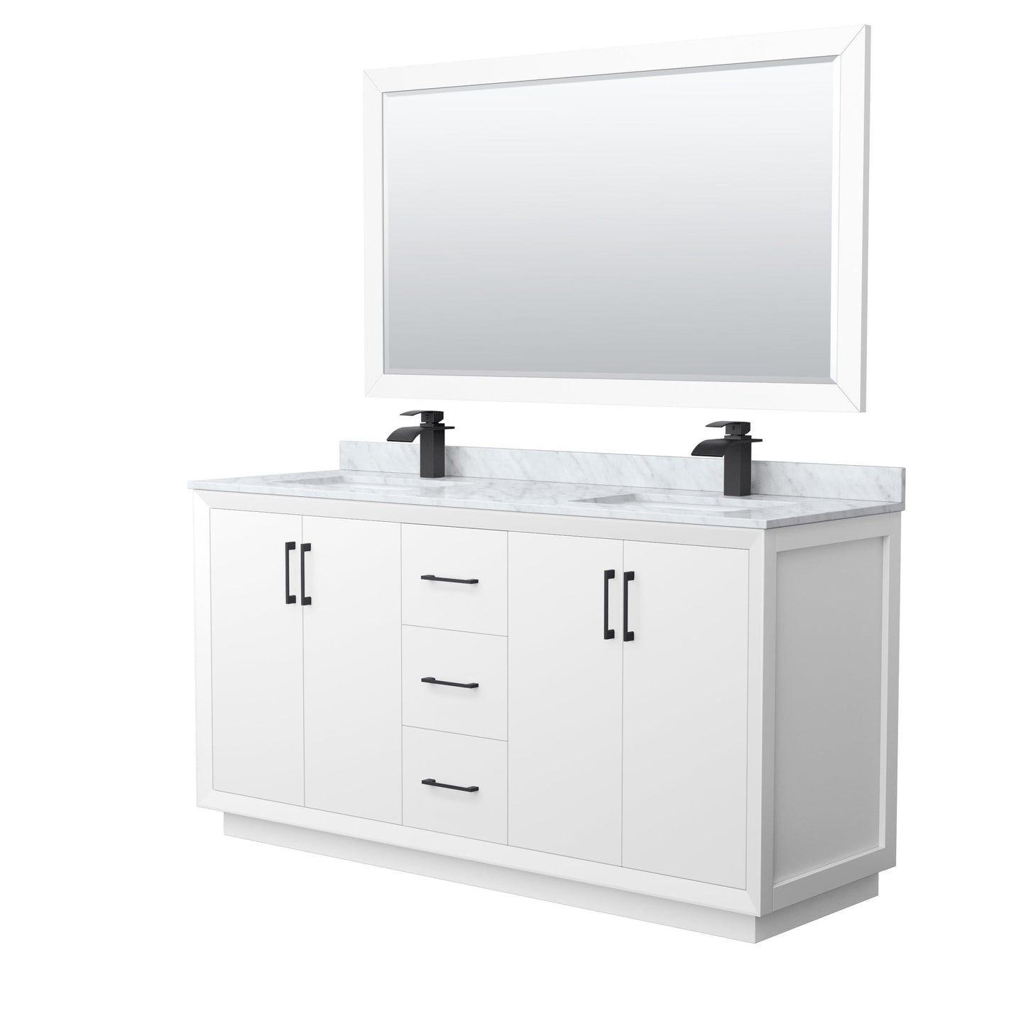 Wyndham Collection Strada 66" Double Bathroom Vanity in White, White Carrara Marble Countertop, Undermount Square Sink, Matte Black Trim, 58" Mirror