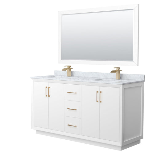 Wyndham Collection Strada 66" Double Bathroom Vanity in White, White Carrara Marble Countertop, Undermount Square Sink, Satin Bronze Trim, 58" Mirror