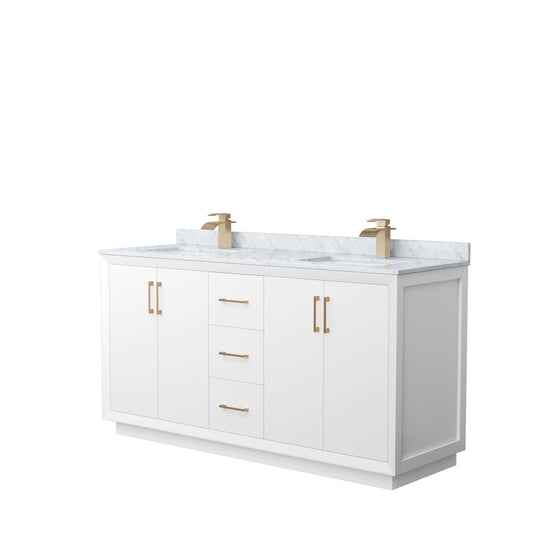 Wyndham Collection Strada 66" Double Bathroom Vanity in White, White Carrara Marble Countertop, Undermount Square Sink, Satin Bronze Trim