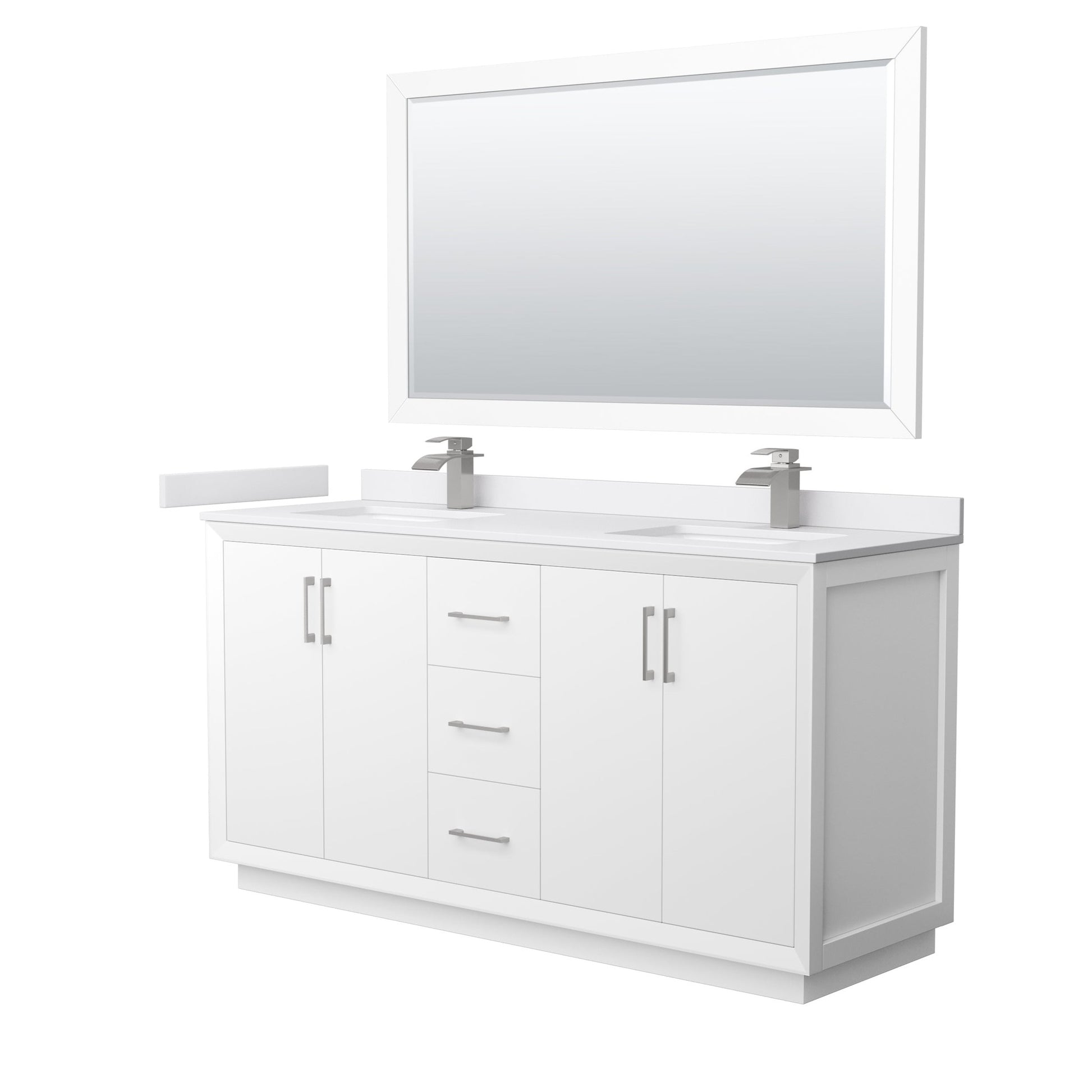 Wyndham Collection Strada 66" Double Bathroom Vanity in White, White Cultured Marble Countertop, Undermount Square Sink, Brushed Nickel Trim, 58" Mirror