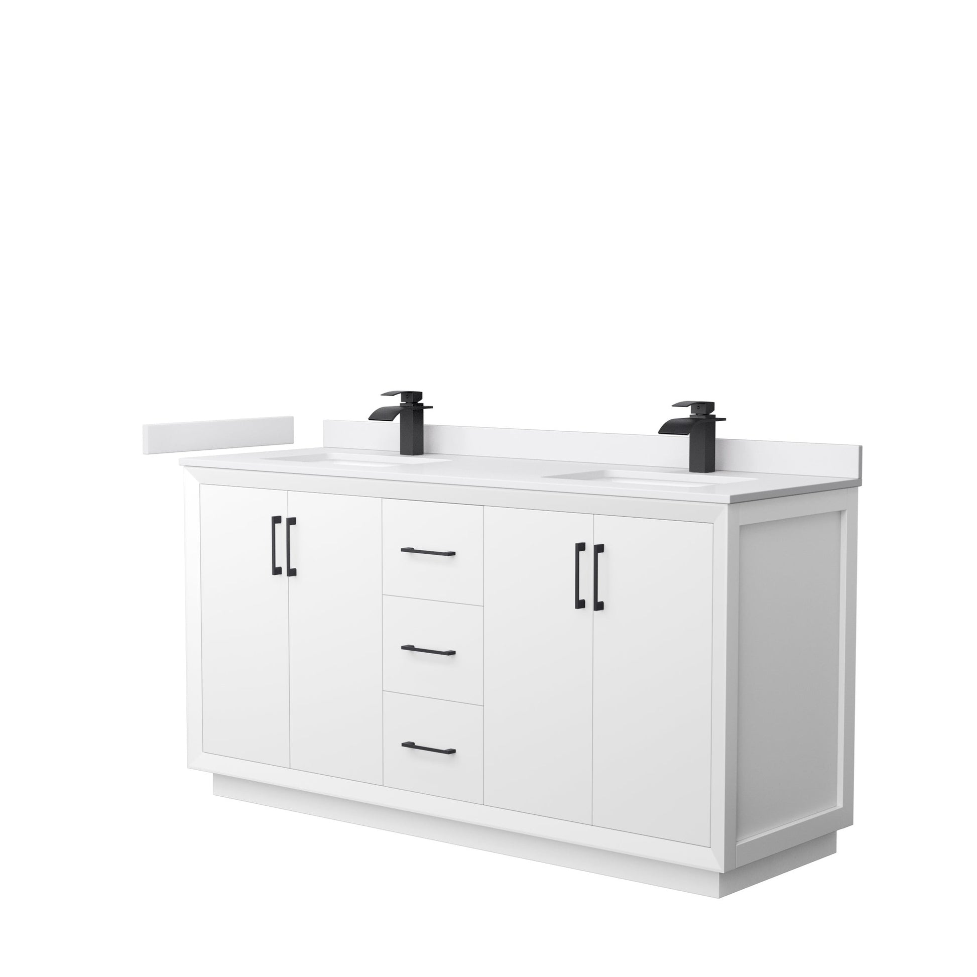 Wyndham Collection Strada 66" Double Bathroom Vanity in White, White Cultured Marble Countertop, Undermount Square Sink, Matte Black Trim