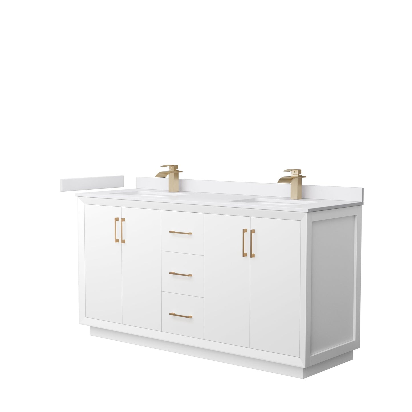 Wyndham Collection Strada 66" Double Bathroom Vanity in White, White Cultured Marble Countertop, Undermount Square Sink, Satin Bronze Trim