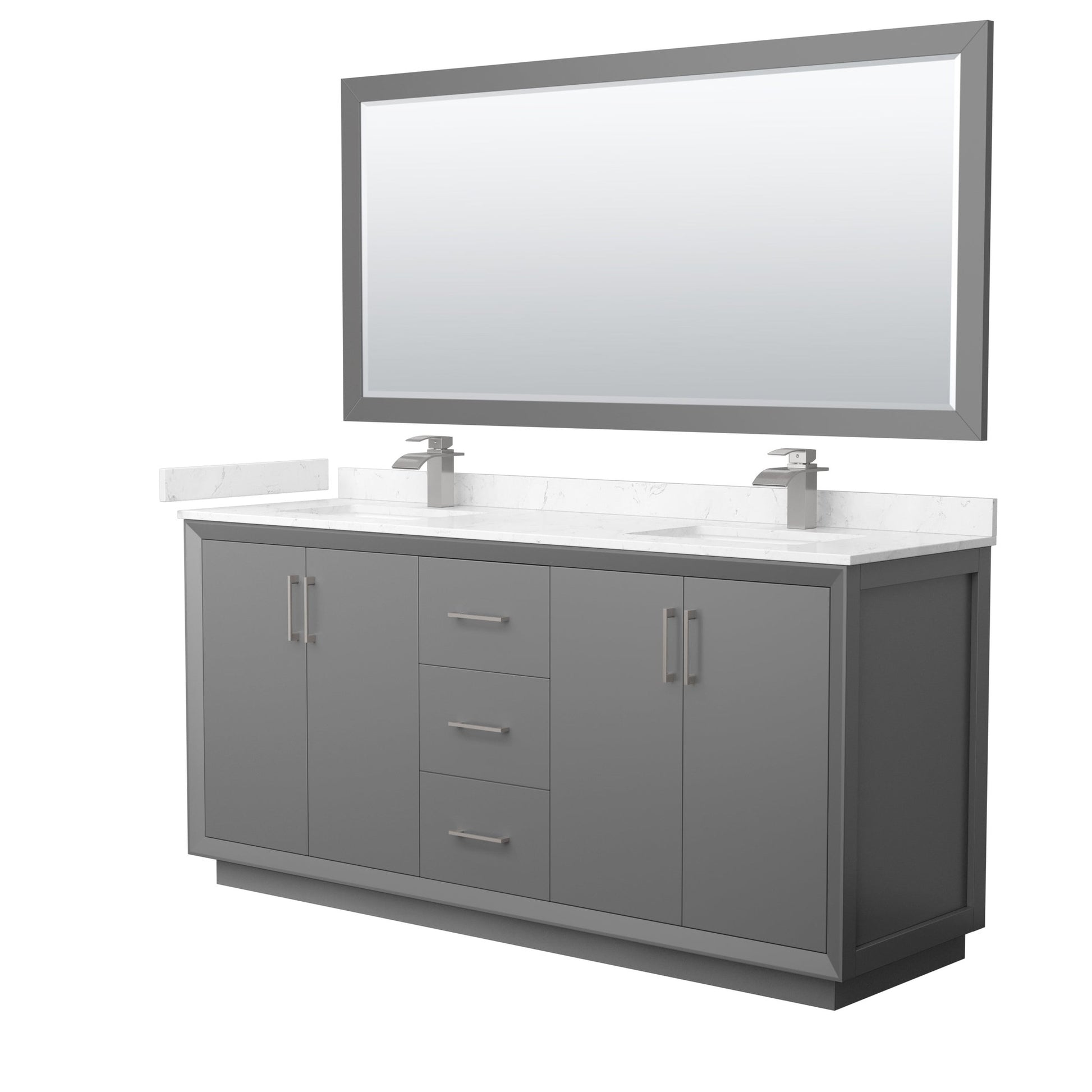 Wyndham Collection Strada 72" Double Bathroom Vanity in Dark Gray, Carrara Cultured Marble Countertop, Undermount Square Sink, Brushed Nickel Trim, 70" Mirror