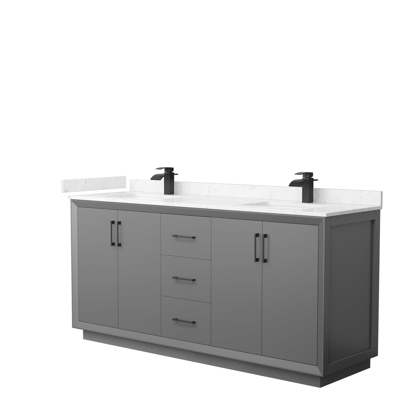 Wyndham Collection Strada 72" Double Bathroom Vanity in Dark Gray, Carrara Cultured Marble Countertop, Undermount Square Sink, Matte Black Trim