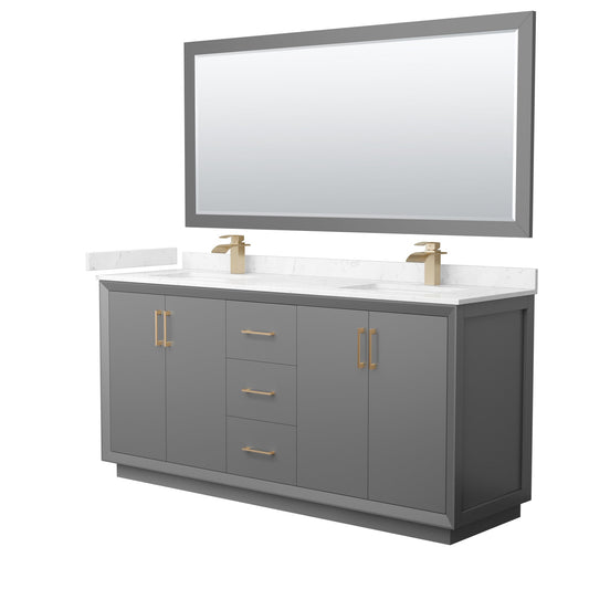 Wyndham Collection Strada 72" Double Bathroom Vanity in Dark Gray, Carrara Cultured Marble Countertop, Undermount Square Sink, Satin Bronze Trim, 70" Mirror