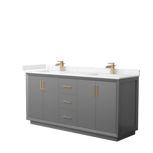 Wyndham Collection Strada 72" Double Bathroom Vanity in Dark Gray, Carrara Cultured Marble Countertop, Undermount Square Sink, Satin Bronze Trim