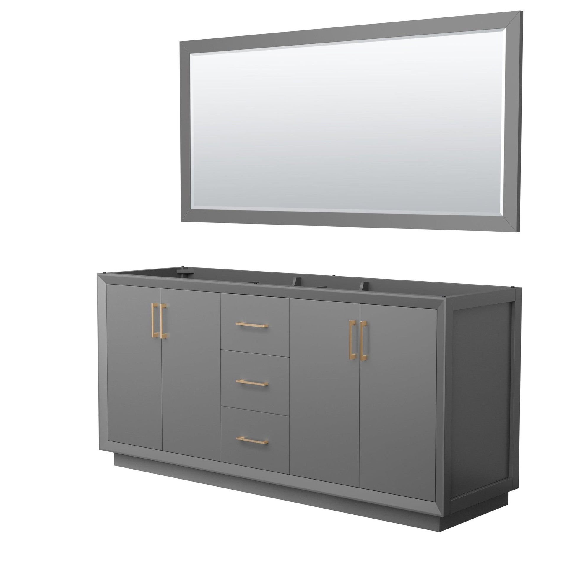 Wyndham Collection Strada 72" Double Bathroom Vanity in Dark Gray, No Countertop, No Sink, Satin Bronze Trim, 70" Mirror