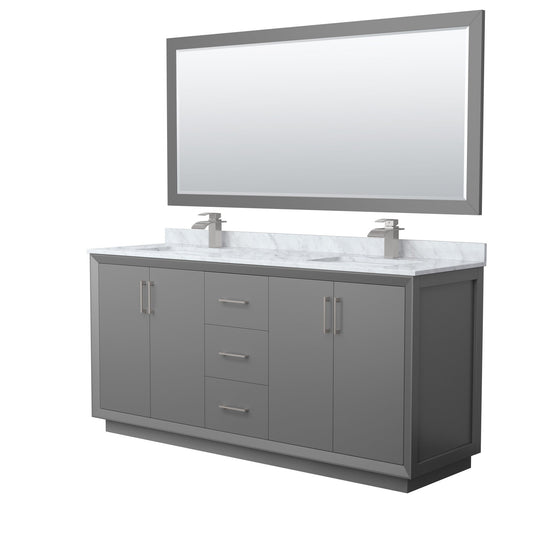 Wyndham Collection Strada 72" Double Bathroom Vanity in Dark Gray, White Carrara Marble Countertop, Undermount Square Sink, Brushed Nickel Trim, 70" Mirror