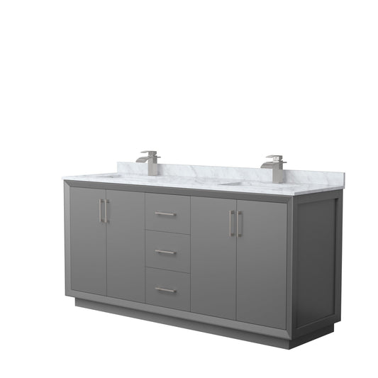 Wyndham Collection Strada 72" Double Bathroom Vanity in Dark Gray, White Carrara Marble Countertop, Undermount Square Sink, Brushed Nickel Trim
