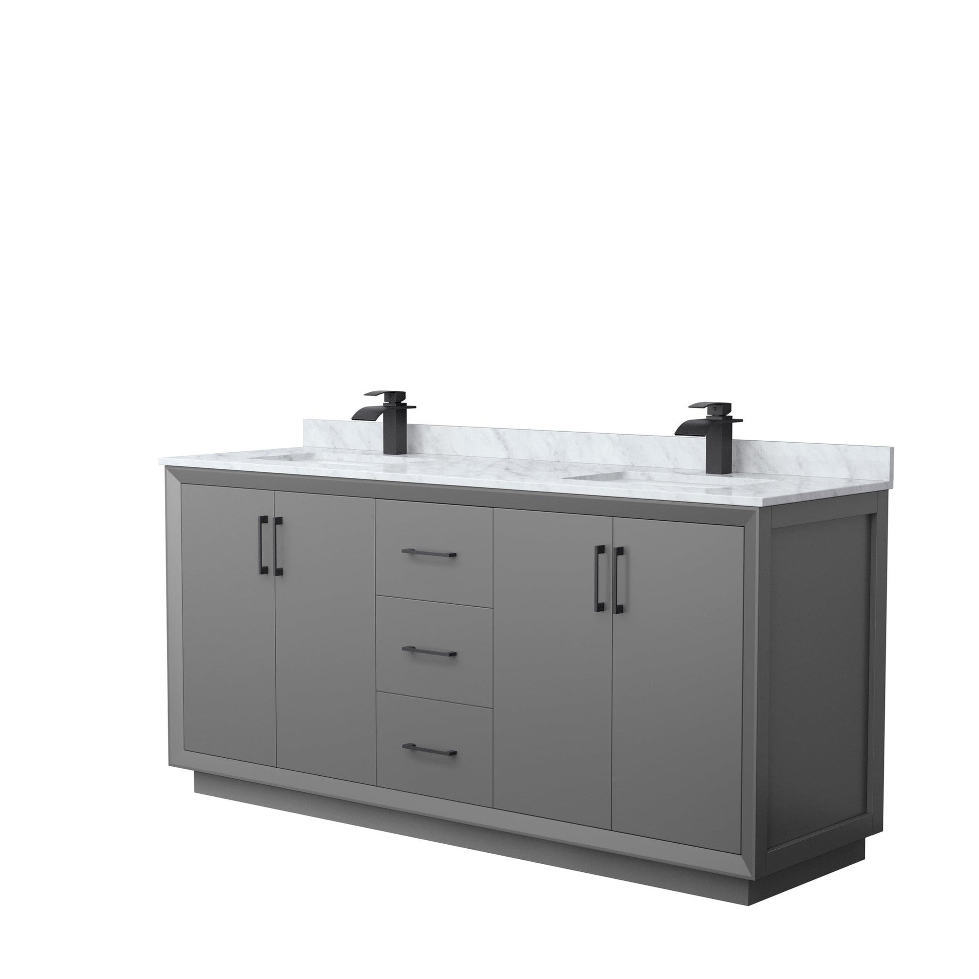 Wyndham Collection Strada 72" Double Bathroom Vanity in Dark Gray, White Carrara Marble Countertop, Undermount Square Sink, Matte Black Trim